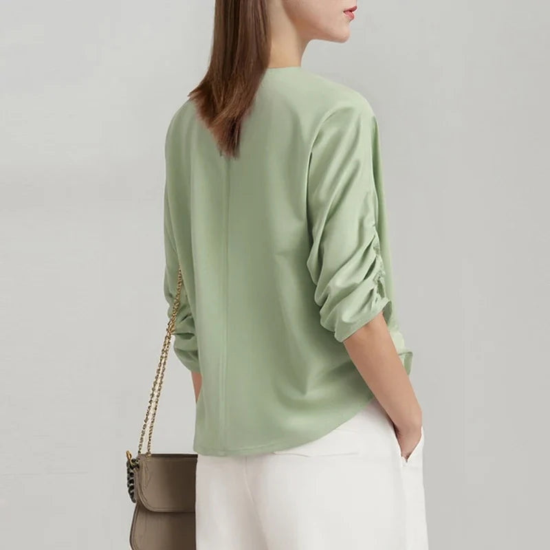 Women's Blouse 2026 Summer New V-Neck Asymmetric Pleated Mid Sleeve Shirt Relaxed Fit Office Casual Top For Women 12622117