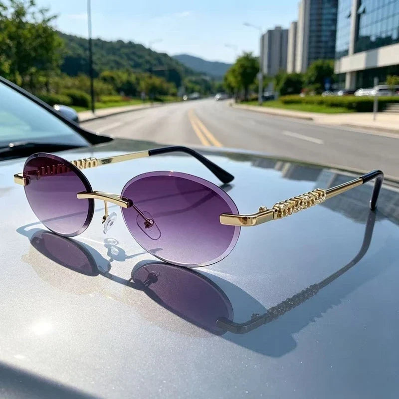 New Oval Rimless Sunglasses Women Luxury Fashion Narrow Sun Glasses Shades Trendy Elegant Diamond Eyewear Lentes De Sol Mujer
