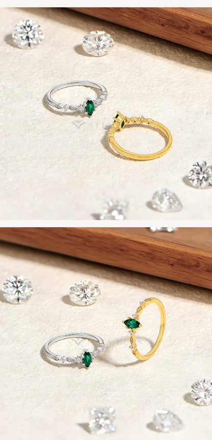 S925 Silver Stackable Zircon Ring Inlaid With 3*6mm Marquise Cut Lab Zambian Emerald ForWomen Daily Wear Trendy Jewelry