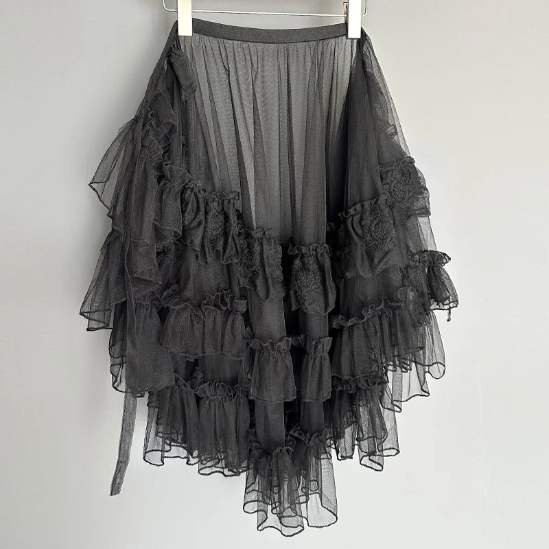 Gothic Lolita Lace Mesh Ruffles Fairy Princess Party Skirt Women Asymmetrical Cute Curtain Sheer Cover Up Thin Long Skirt White