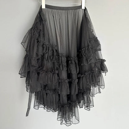 Gothic Lolita Lace Mesh Ruffles Fairy Princess Party Skirt Women Asymmetrical Cute Curtain Sheer Cover Up Thin Long Skirt White
