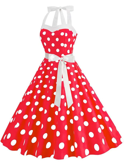 Women Summer Party Dress With Belt Polka Dot Print Halter Hepburn Robe 50s 60s Vintage Dresses