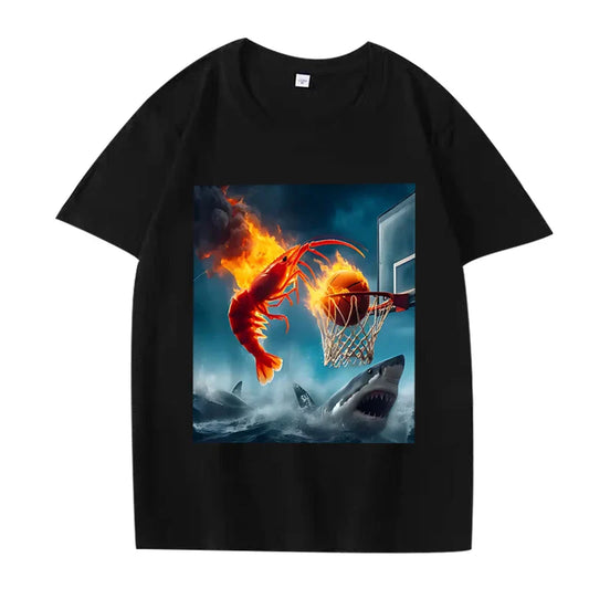 Shrimp Dunking on Shark Graphic Tee Retro Fishing Meme TShirt Women Short Sleeve Summer Tops Aesthetic Clothes Summer Streetwear