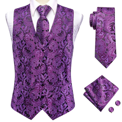 Purple Silk Mens Waistcoat Tie Set Sleeveless Jacket Suit Vest Necktie Hanky Cufflinks Wedding Business Oversized