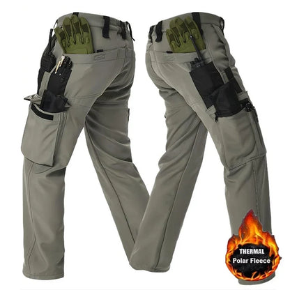 Men's Tactical Work Fleece Pant Multi-Pocket Waterproof SoftShell Trousers Winter Outdoor Wear-Resistant Thick Warm Camping Pant