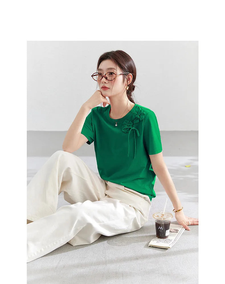 100% Cotton Summer T-Shirt Women 2026 Pink Tees Fashion Heavy 3D Floral Casual Crew Neck Short Sleeve Top A6182