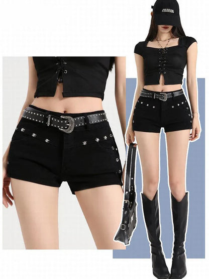 Summer Black Sexy Low Waist Y2K Jean Shorts Women Holiday Punk Gothic Denim Pants Korean Daily Fashion Skinny Strech Shorts+Belt