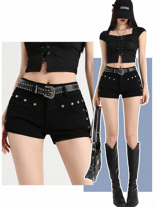 Summer Black Sexy Low Waist Y2K Jean Shorts Women Holiday Punk Gothic Denim Pants Korean Daily Fashion Skinny Strech Shorts+Belt