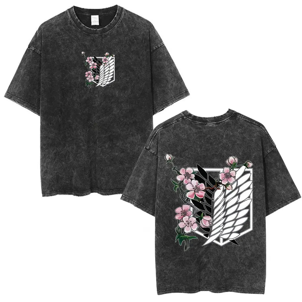 Anime Attack on Titan Washed T-Shirt Ackerman Mikasa Eren Jaeger Cherry Blossom Graphics Logo T Shirt Men Women Cotton T Shirts