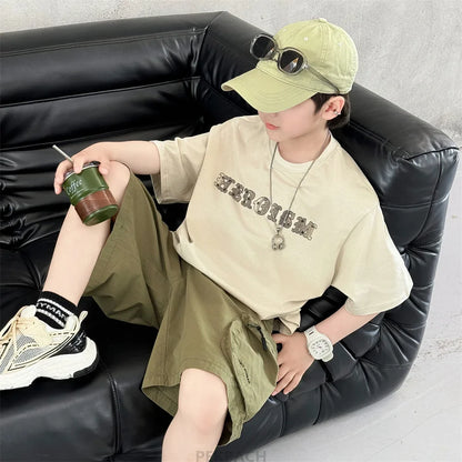New Summer Korean Children Fashion Suit for Teen Boy Cotton Top And Bottom Set Kids Casual Tshirt Shorts 2PCS Clothing Set 7-16Y