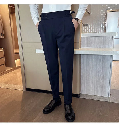 Autumn Winter High Waist Business Dress Pants Men Casual Belt Design Slim Suit Pants Formal Wedding Social Party Male Trousers