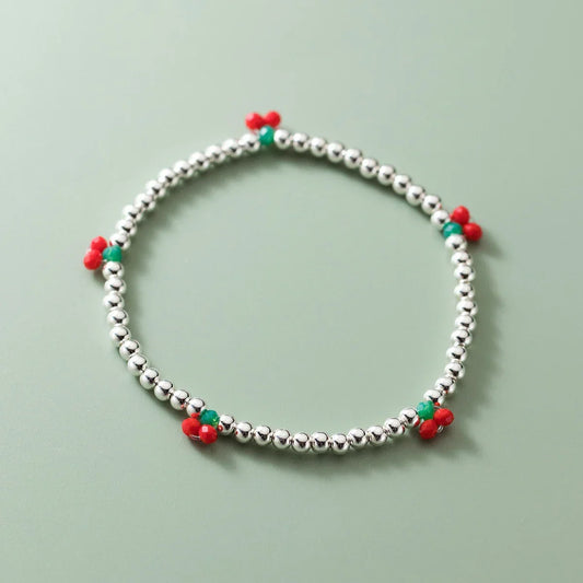 Bracelet réglable en argent sterling 925 véritable, perles rondes cerise de base, pour femmes, bracelet à breloques, bijoux fins, cadeau d'anniversaire