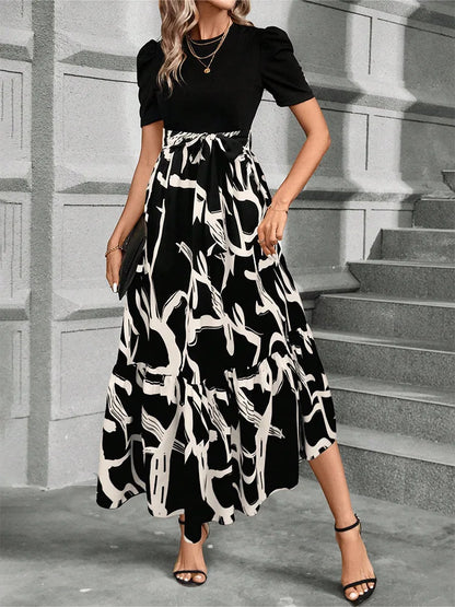 Elegant Floral Print Round Neck Long Dresses Women Short Sleeve High Waist Lace-up Office Lady Holiday Party Dresses Vestidos