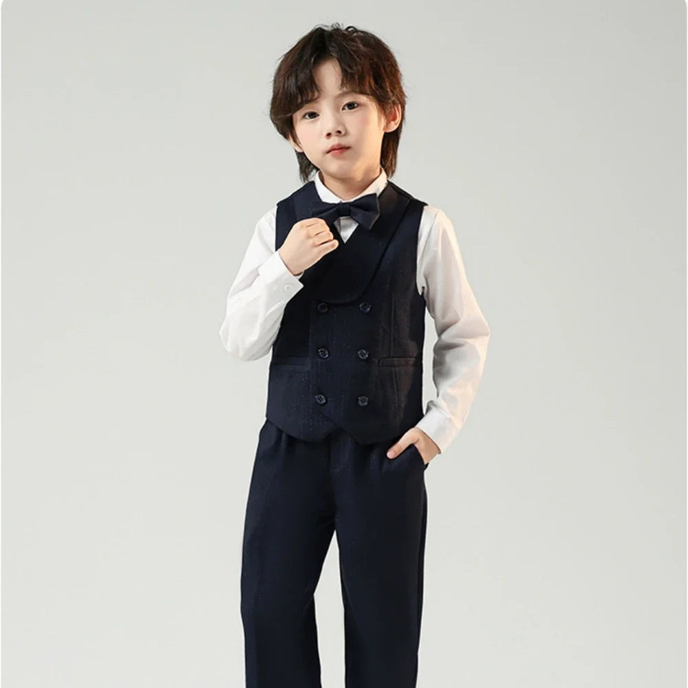Navy Children's Fashionable Suit Set 5 Pieces,Double Breasted Boys Suits For Banquet Party,Kids Tuxedo Performance Wear