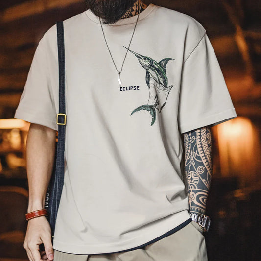 Casual Printed Short Sleeve T-Shirt Men's Summer Loose Fit Heavyweight Cotton Ribbed Round Neck Tee  Versatile Street Tops