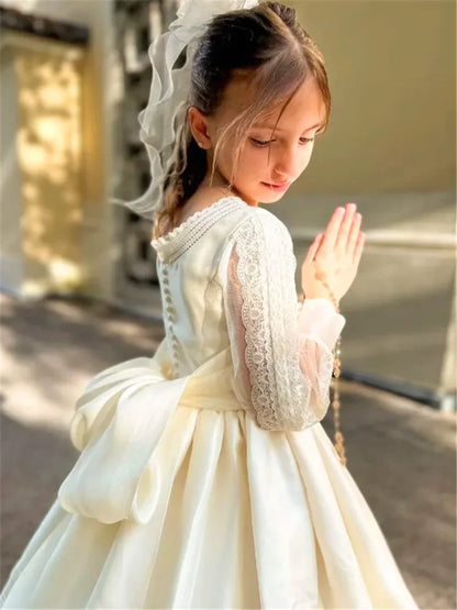 Elegant Long-sleeved Tulle Lace Printing Flower Girl Dress Princess Ball First Communion Dresses Kids Surprise Birthday Present