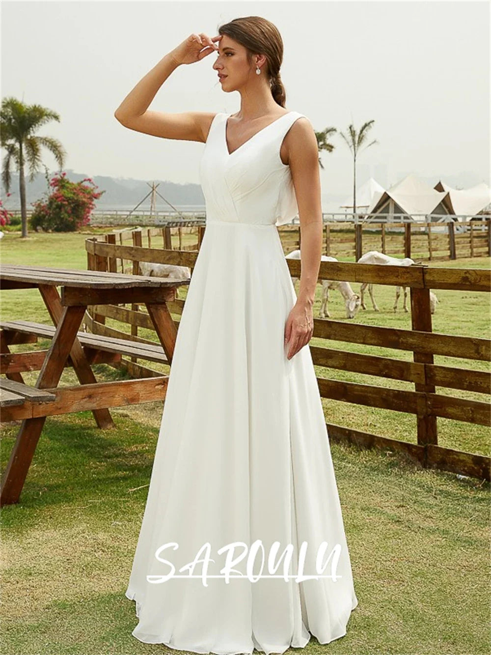 Popular Lace Back Bride Dress, Simple Chiffon A Line Wedding Dresses, Tank Sleeves Zipper White Bridal Gown