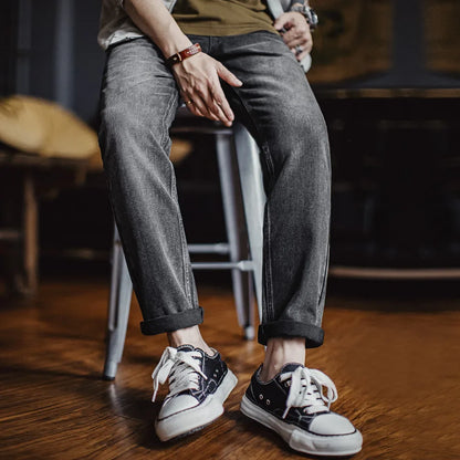 Men's Vintage 13oz Heavyweight Denim Jeans Washed Gray Straight Leg Tapered Pants Casual Trousers for Spring and Fall