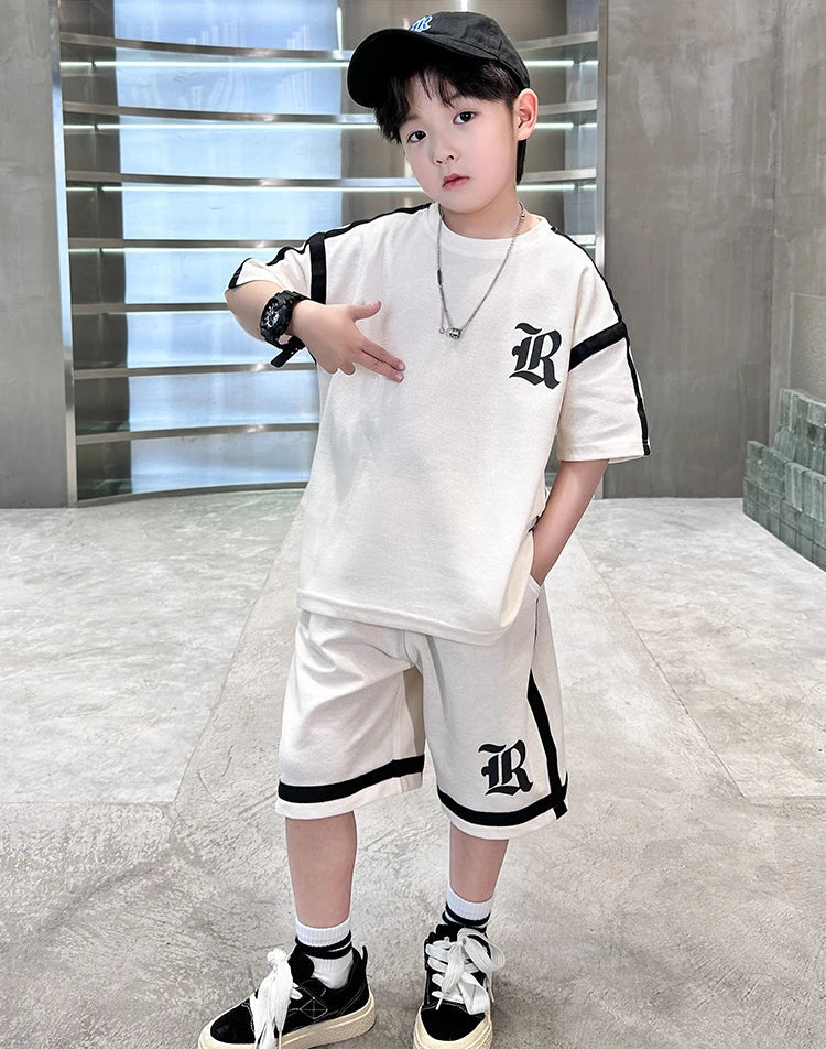 2025 Kids Summer Clothing Boys Top and Bottom Set Beige Black Color T-shirt Shorts 2PCS Tracksuit Set Teens Child Casual Outfit