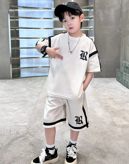 2025 Kids Summer Clothing Boys Top and Bottom Set Beige Black Color T-shirt Shorts 2PCS Tracksuit Set Teens Child Casual Outfit