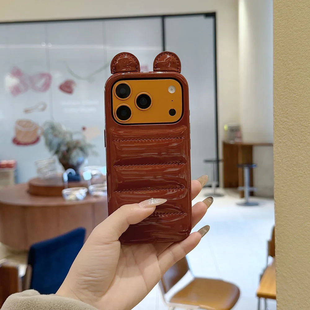 Coordinated Winter Bear-Ear Down Jacket For iPhone 17 16 15 14 Pro Max Phone Case Shockproof Fashion Cover Skin Leather Funda