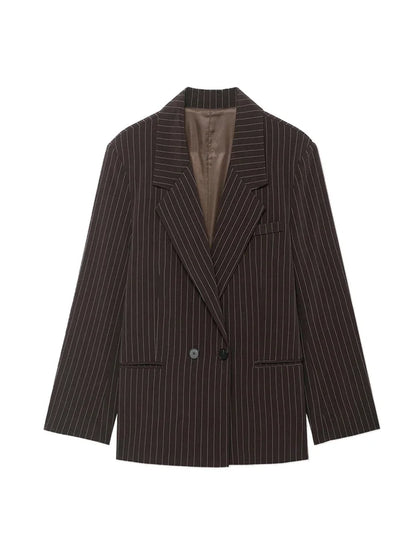 Women's Old Money Style Ovesized Striped Blazer Coat Long Sleeve Front Pockets Chic Oversize Top Female Outerwear