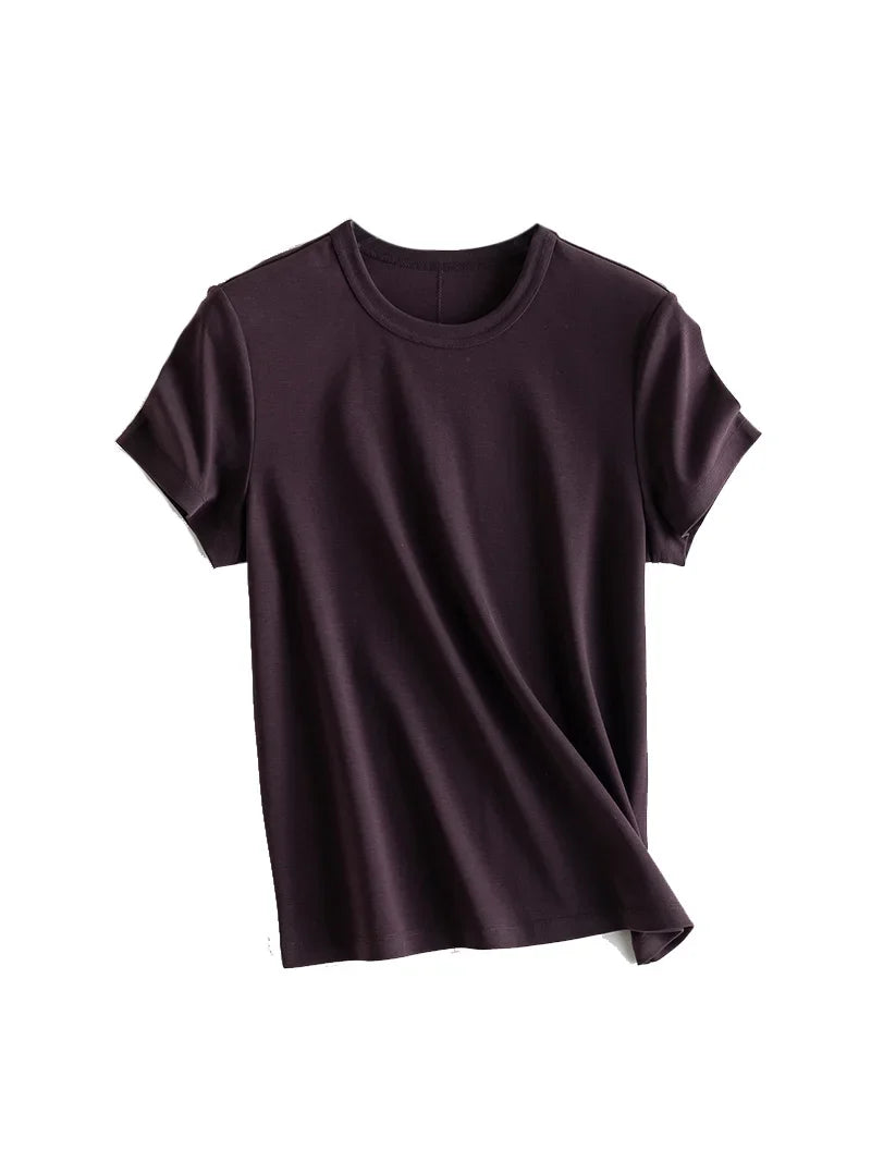 Women Solid T Shirt, Silk Cotton Blend, Square Collar, Short Sleeves Chic Shirt 2025 Spring Summer Cozy Top