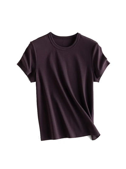 Women Solid T Shirt, Silk Cotton Blend, Square Collar, Short Sleeves Chic Shirt 2025 Spring Summer Cozy Top
