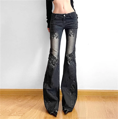 Women Gothic Y2k Flare Jeans Harajuku Baggy Denim Trousers 90s Aesthetic Low Waist Jean Pants Vintage 2000s Trashy Clothes 2024