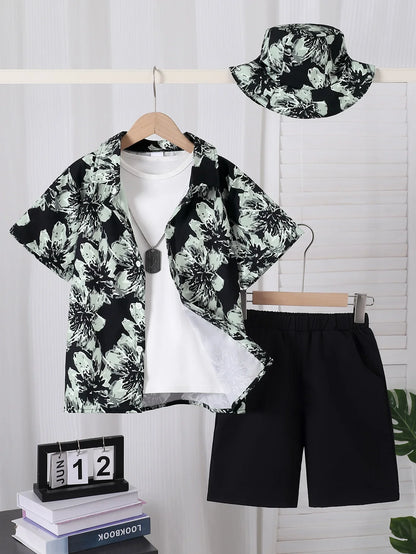 3-Piece Set Boys Summer Children's Fashion Holiday Shirt And Shorts Ensemble with Hat for Outdoor Vacation Wear Casual Daily