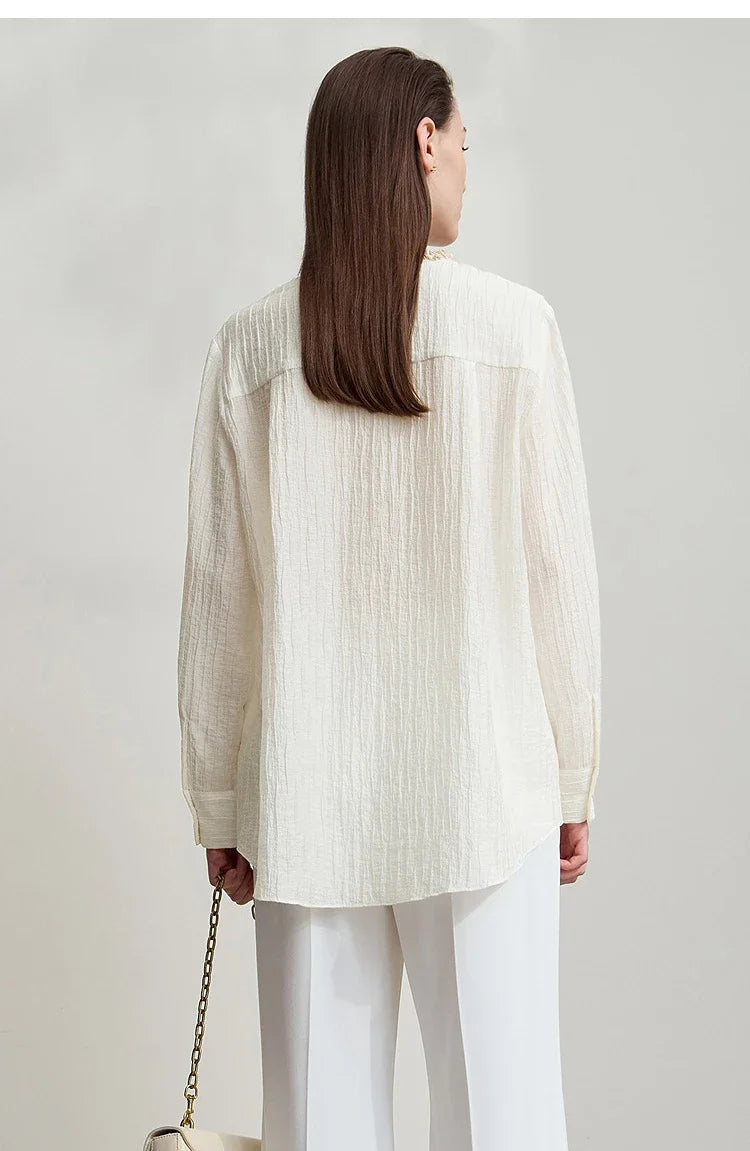 Women's Shirt 2025 Autumn New Elegant Versatile Women's Blouse Pockets O-Neck Loose Long Sleeves Casual Ladies Tops12543146
