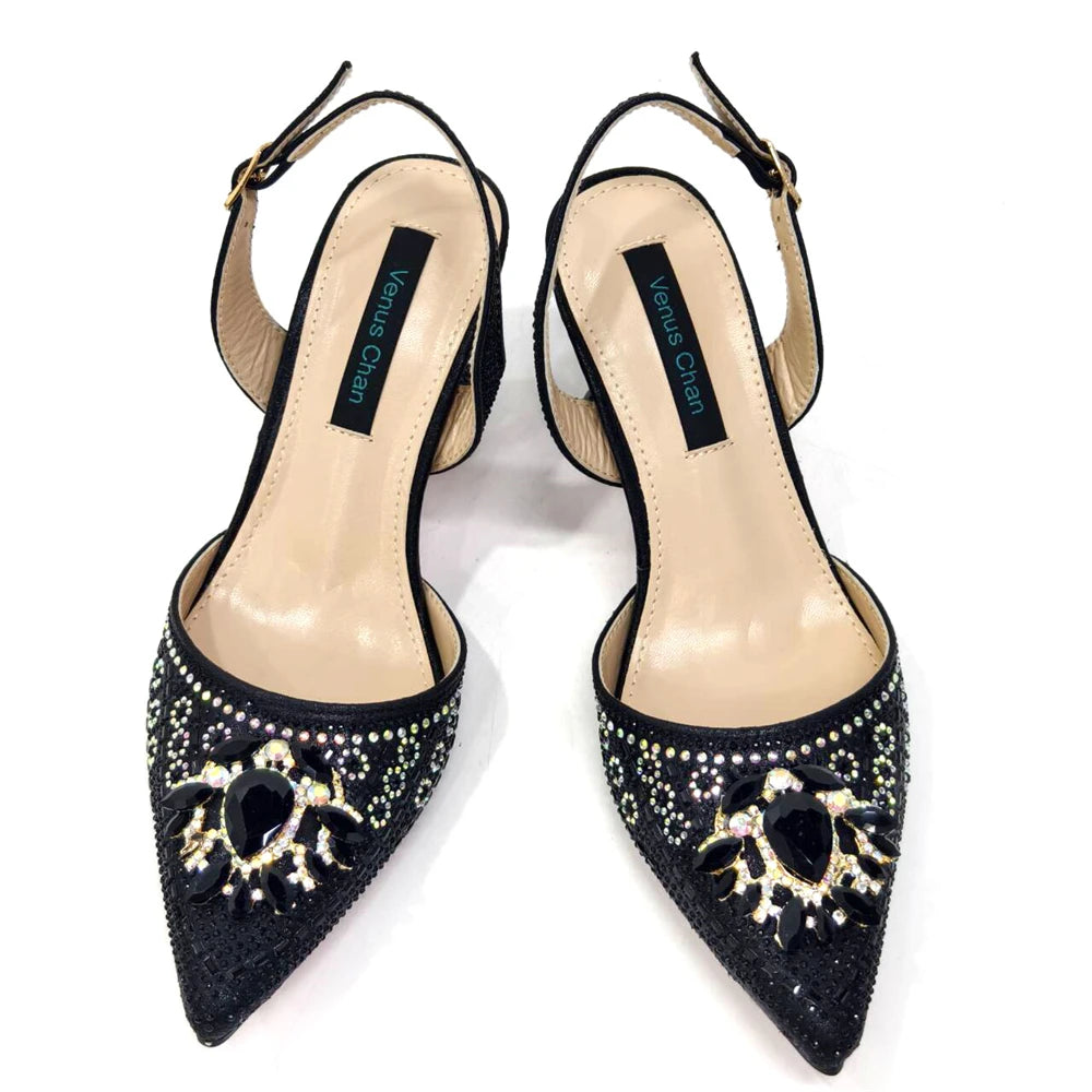 2024 Latest Wedding Pointed Toe Women's Shoes High Heel Black Color Rhinestones italian shoes and bags matching set