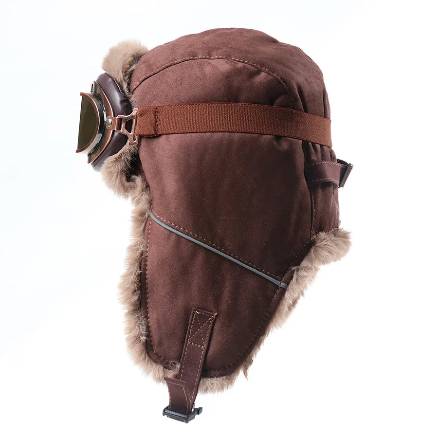 Retro Unisex Aviator Trapper Hat Faux Fur Thick Warm With Goggles Earflap Winter Cap For Cycling Outdoor Cold Protection