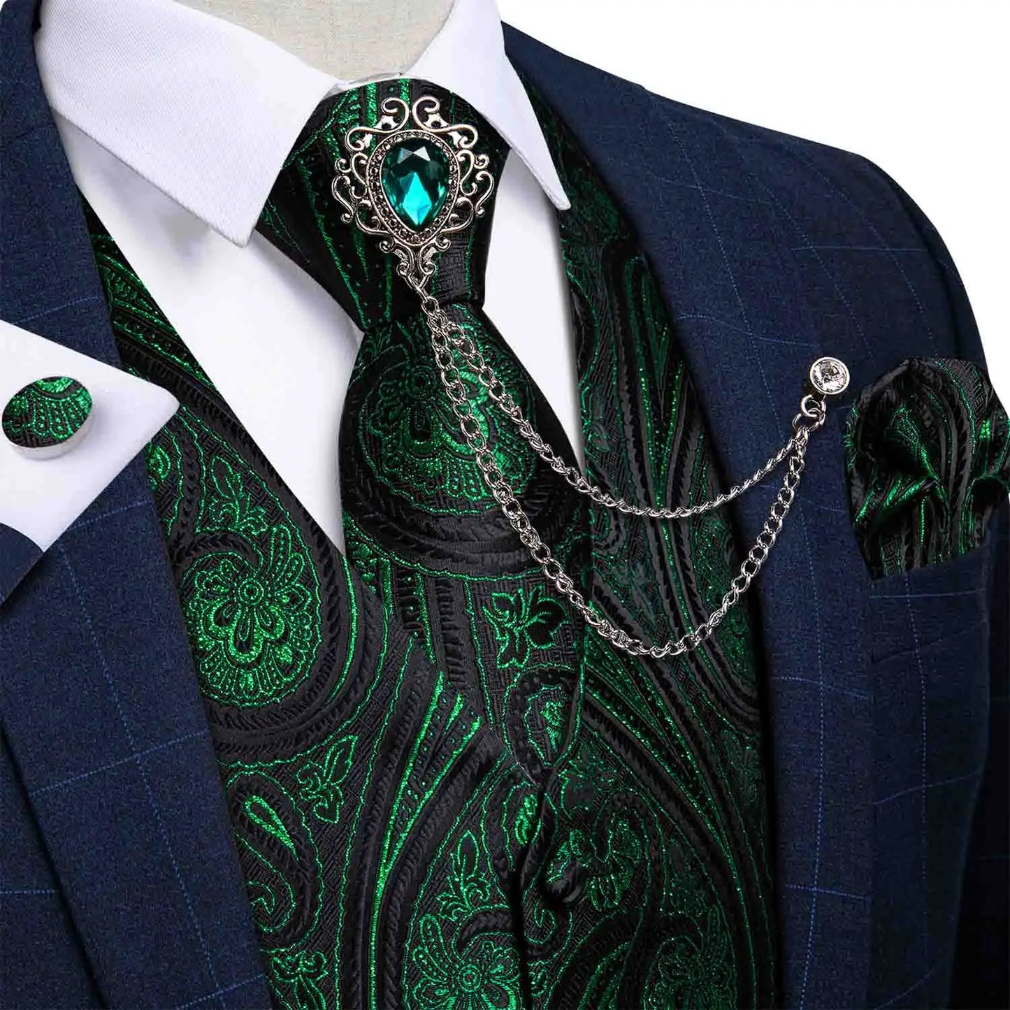 New Teal Green Paisley Formal Dress Vest Men's Suit Vest Waistcoat Tie Brooch Pocket Square Set for Tuxedo