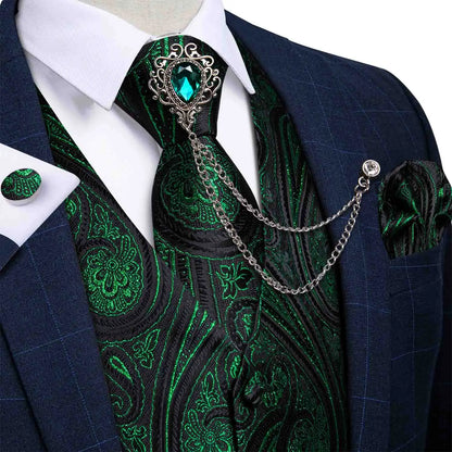 New Teal Green Paisley Formal Dress Vest Men's Suit Vest Waistcoat Tie Brooch Pocket Square Set for Tuxedo