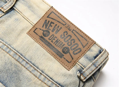 Summer Worn and Scratched Jeans Men's Small Feet Perforated Pockets Ragged Edges Long Pants Slim Fit Printing High Street Tide 2