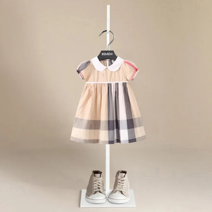 Summer Short Sleeves Kids Girl's Dress Long Sleeves Retro Style Red Plaid Striped Doll Collar Princess Doll Dresses Kids Clothes