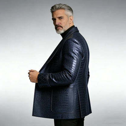 Men's Crocodile Pattern Leather Blazer 1 Button Shawl Collar Tuxedo Jacket Formal Business Wedding Coat Luxury Suit Outerwear