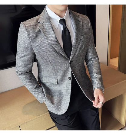 Bright Silk Thousand Bird Grid Suit Jacket Korean-style Business Fashion Slim Fit Single Breasted Men Social Party Dress Coats