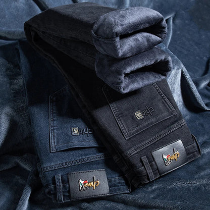 Winter Classic Business Men's Fleece Warm Jeans Straight Stretch Casual Thicken Denim Trousers Washed Fashion Velvet Male Pants