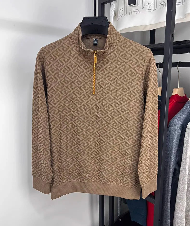 High end brand fashion jacquard long sleeve T-shirt men's casual sweater autumn trend Korean style half zipper collar pullover
