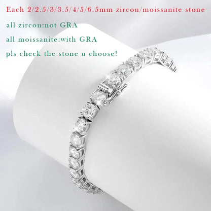 18k Plated 2-4mm Zircon/moissanite Tennis Bracelet for Women Man Full Diamond Original Real 925 Sterling Silver Jewelry