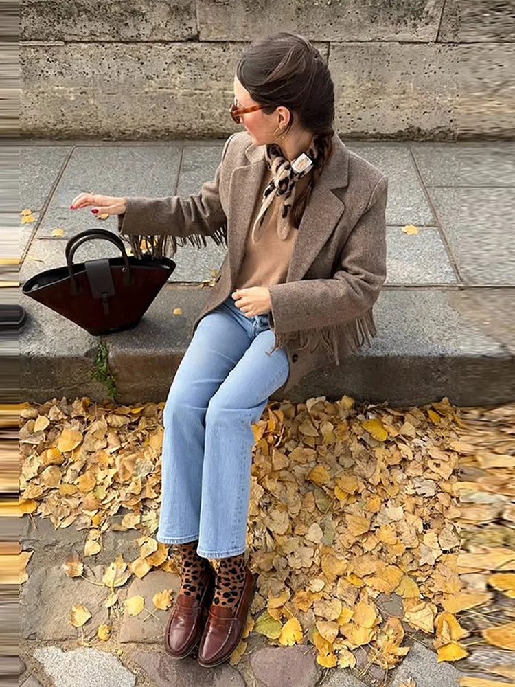 Tassels Woolen Suit Jacket Women Elegant Turn-down Collar Long Sleeve Single Breasted Pocket Autumn Winter Coats New Outerwears