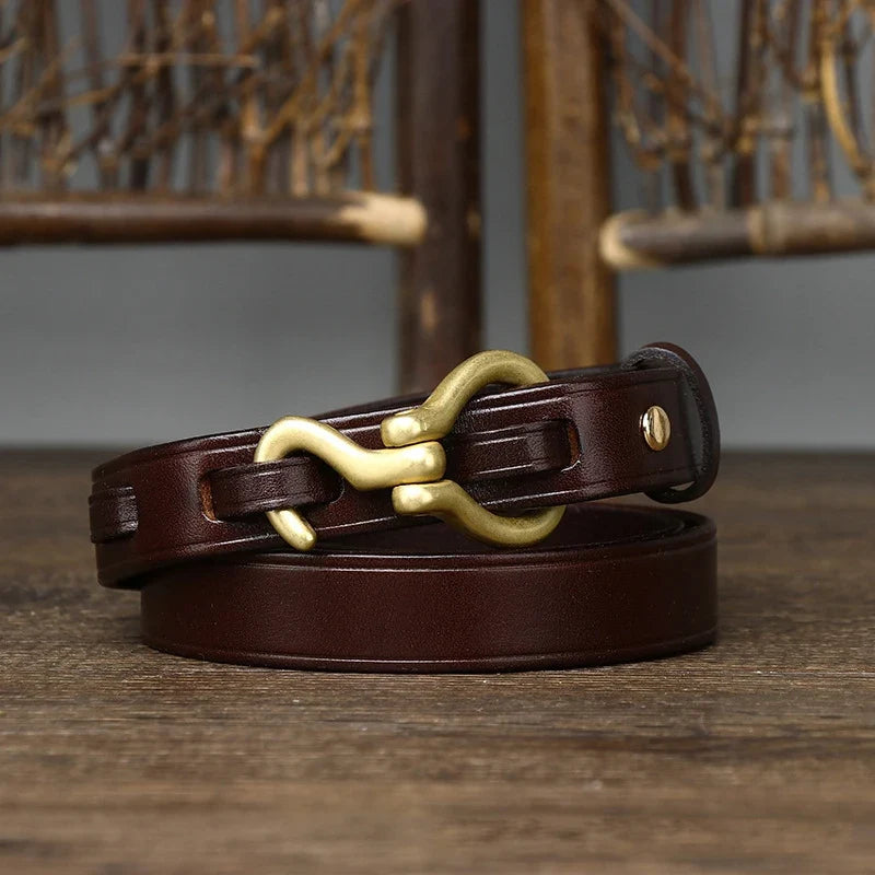 2.0 CM Ladies Pure Cowhide High Quality Genuine Leather Hook Belts for Women Brand Strap Brass Buckle Jeans Cowboy Thin Belt