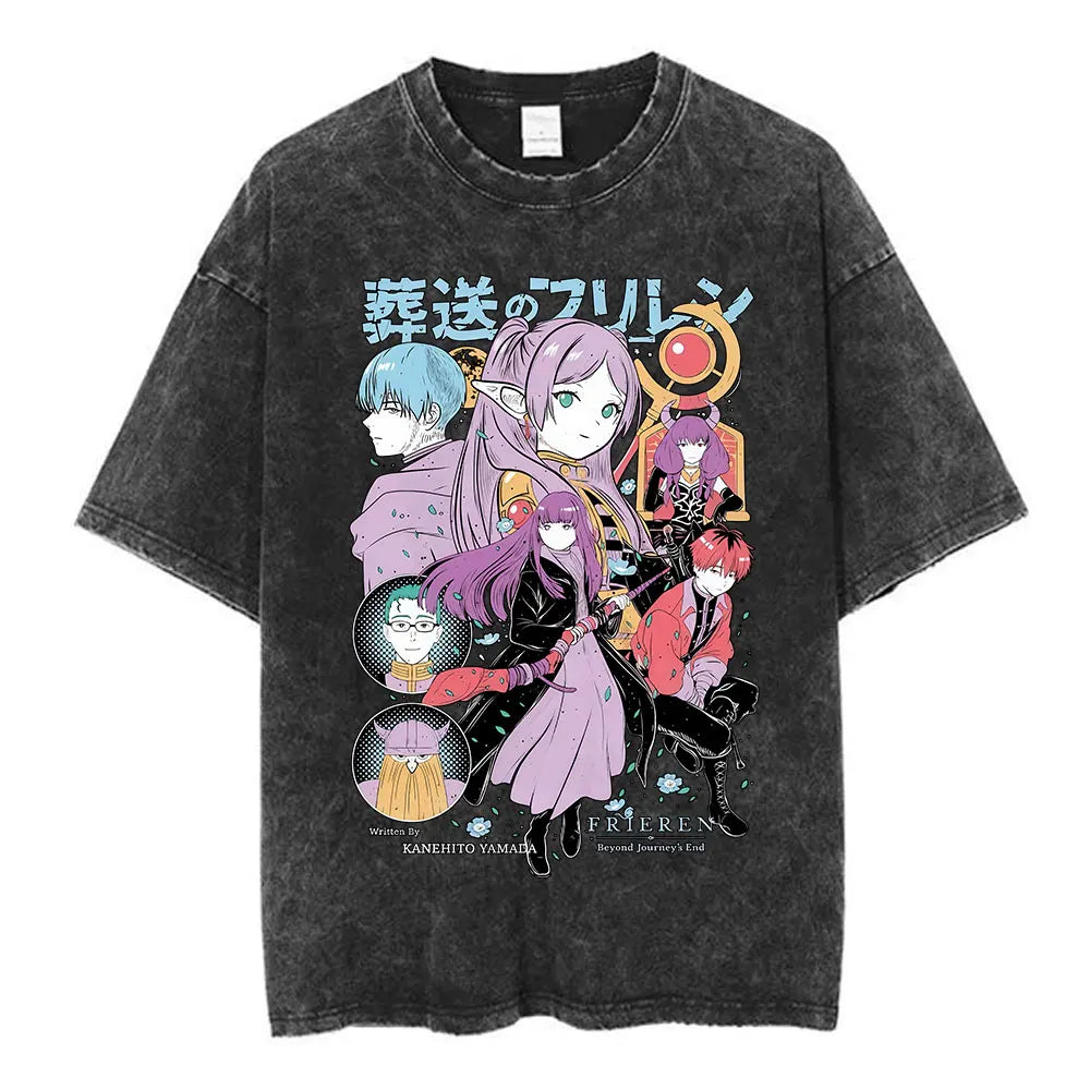 Anime Frieren: Beyond Journey's End Graphic Washed Vintage T-shirt Men's Women Fashion Short Sleeve Cotton Casual Loose T Shirts
