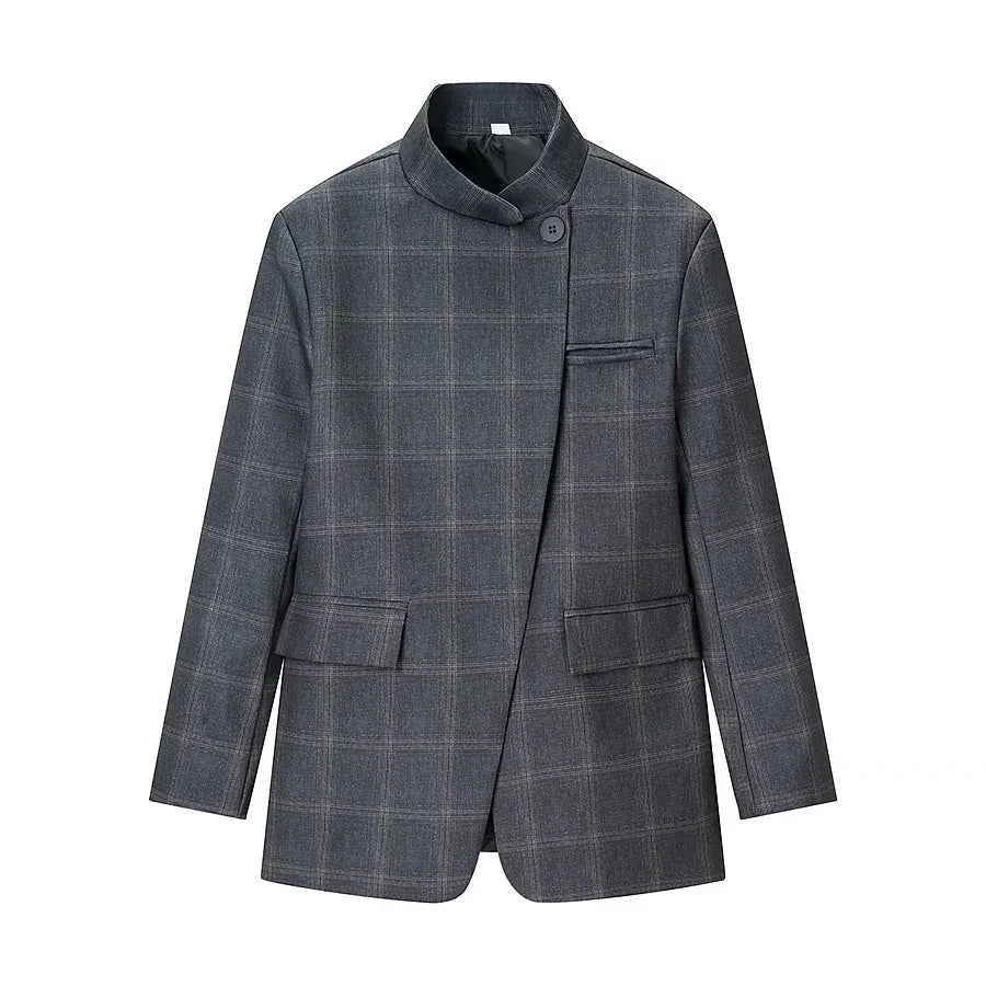 2026 Spring Female Coats Stand Collar Asymmetrical Pockets Gray Plaid Blazers Autumn Woman's Outerwear Clothing Vintage Street