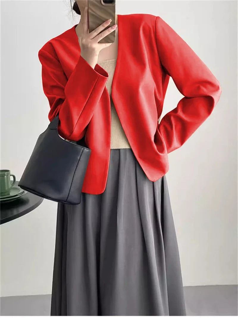 2025 Spring Autumn Fashion New Women's Suit Jackets Solid Short Coats Korean Blazers Long Sleeve Cardigan Coat Without Placket