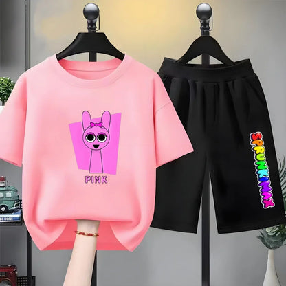 Summer Boys Girls Age 3-12 Tee+Shorts Suit Children Short Sleeve T-Shirts Child Casual Pink Black Clothes Sprunki Graphics
