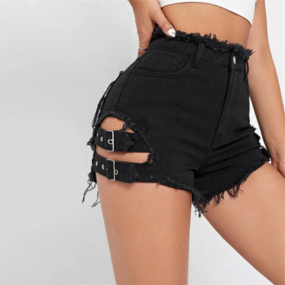 2026 Summer Hot High Waisted Street Style Girls' Ripped Denim Shorts with Rough Edges