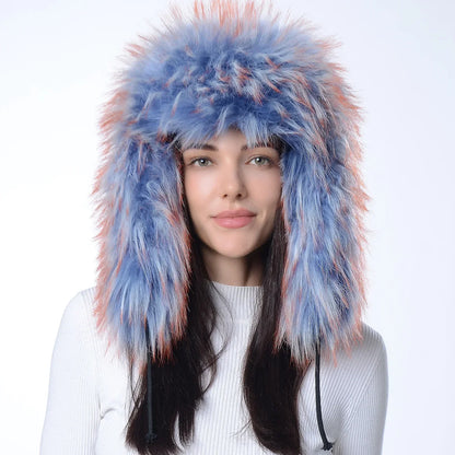 Plush Raccoon Fur Hat Women Thicken Faux Fur Earflap Hat Winter Warm Russian Ushanka Hats Windproof Furry Bomber Cap
